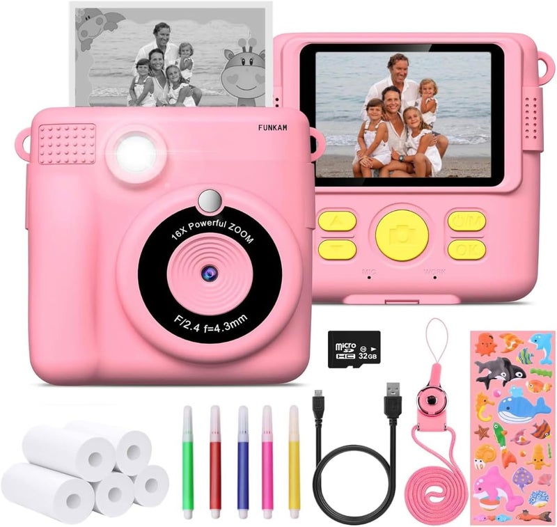 FUNKAM Instant Print Camera for Kids - 2.4" HD 1080P - with 32GB SD Card, 5 Markers, Stickers, 5 Paper Rolls, Lanyard. Camera Boys and Girls from 3 to 14 Years Old. (Pink) - Image 1